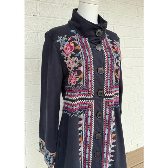 Johnny Was Navy Floral Cross Stitch Embroidered Button Front Long Jacket Coat M - Picture 7 of 9